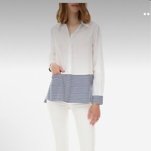 Harshman‎ NEW Azur Long Sleeve Shirt White & Navy Stripe Shirt Medium